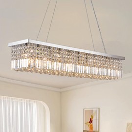 YOLIZUOT Modern Rectangle K9 Crystal Chandelier for Dining Room 10-Light Contemporary Rectangular Pendant Light Fixture for Living Room Kitchen Island Foyer Entryway Office Chrome L47 x W9.84 x H8.27