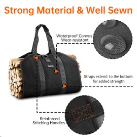 Pariplus Canvas Firewood Carrier Bag - Sturdy Log Carrier for Firewood with Handles and Security Strap, Wood Carrier for Firewood Tote for Camping Fireplace Wood Stove Accessory - Black