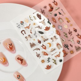 Yuanchu 2 Sheets Retro Cowboy Nail Art Stickers, Western Style Self-Adhesive 5D Embossed Nail Decals DIY Cowboy Hat Boots Cactus Designs for Nails Toenails Phone Cases Retro Style Parties