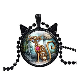SHOWERORO Elegant Steampunk Cat Necklace Clock Pendant for Unique Animal Jewelry Black Glass Choker for Daily or Special Occasions