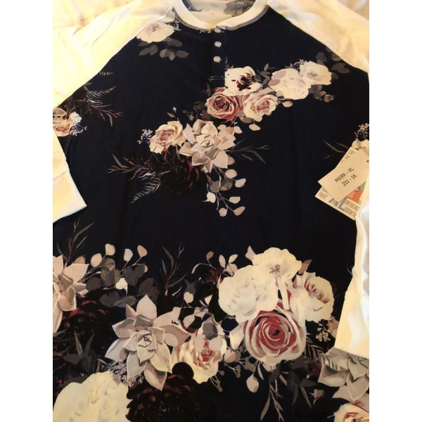 LuLaRoe NWT Lularoe Blue Blush Roses Mark Henley Unisex White