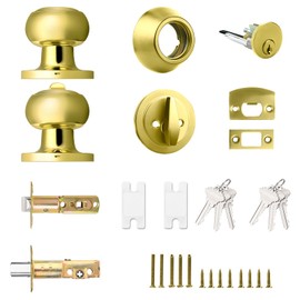 Probrico Polished Brass Door Knob and Deadbolt Lock, Keyed Alike Reversible Set, Exterior Door Handle with Deadbolt, 3Pack