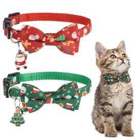 umorismo 2 Pack Christmas Cat Collars Quick Release Safety Buckle Collar with Bow Tie Bell and Charm Adjustable 19-30cm Santa Claus Snowman Elk Cat Bow Collar for Kitten Puppy