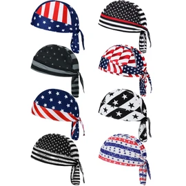Foaincore 8 Pack Do Rag Skull Caps for Men Sweat Wicking Doo Rags Cooling Helmet Liner Cycling Motorcycle Bandana (Classic Color,American Flag Style) Multicoloured
