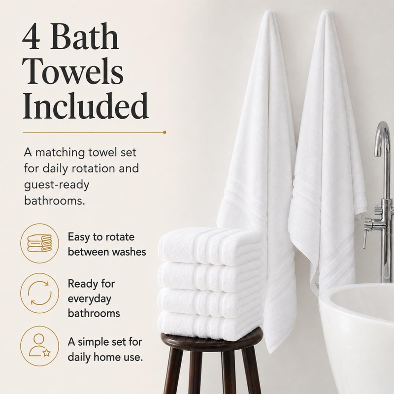 Large 100% Organic Cotton Bath Towels 4 Pack, 30x60 in,