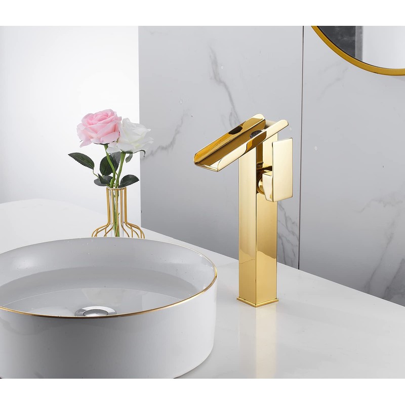 Bathroom Vessel Faucet Gold Waterfall Open Spout Basin Faucet Led