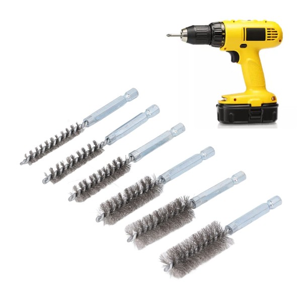 Hole Brush Cleaning Brush Set Hole Brush Set with 1/4" Hex Shank for Electric Impact Drill, 6 PCS (Steel Wire) Silver))