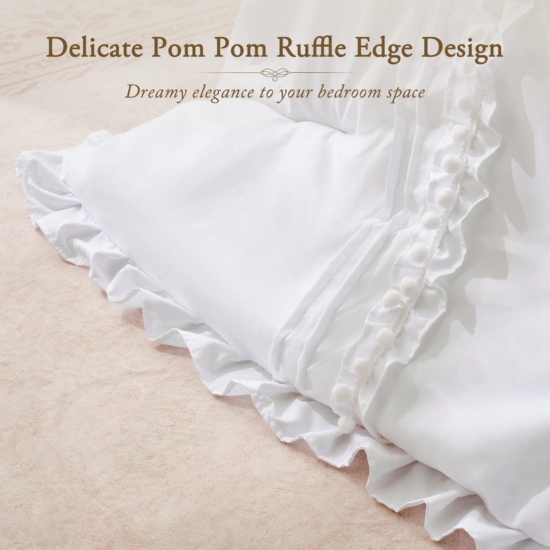 BDEUS White Ruffle Comforter Set Full Size, 3 Pieces Lightweight
