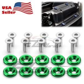 EZAUTO WRAP 10pcs Green Billet Aluminum Fender Bumper Washer Bolt Engine Bay Screw Dress Up Kit JDM M6x15mm 6061 T6-Grade