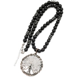 ElisaJewelryArt - Natural Clear Quartz Big Tree Of Life Black Lava Stone Beaded Necklace Genuine Gemstone Healing Stone Clasp Closure Necklace Unisex Necklace (22, Clear Quartz)