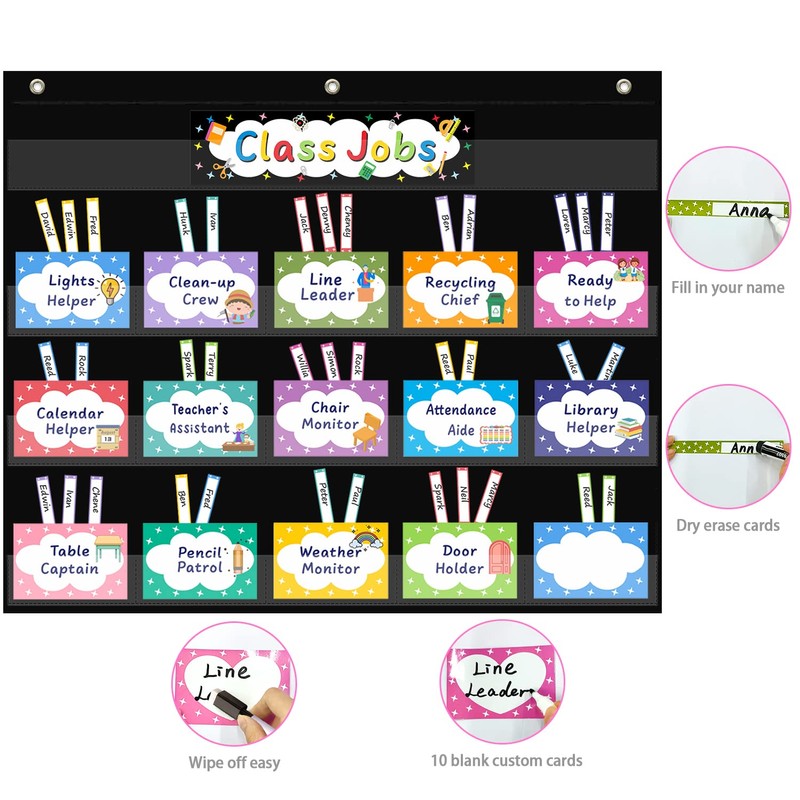 REGELETO Class Jobs Pocket Chart with 70 Colorful Dry Erase