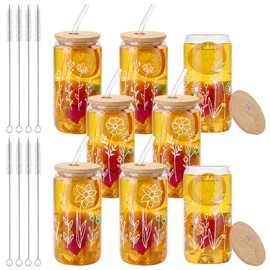8 Pack Glass Cup with Lid and Straw 16oz Wildflower Glass Tumbler Gift Set