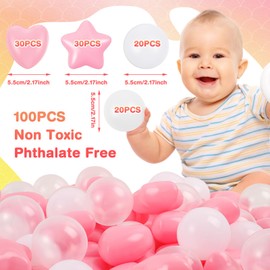 RoundFunny 100 Pieces Pink White Clear Plastic Balls for Ball Pit Five Pointed Star Heart Round Ocean Soft Toy 2.17 Inch for Baby Kid Playpen Friendship Party Decoration