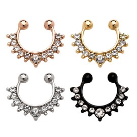 Pliwcas Rose Gold Fake Clip on Nose Rings for Women 4Pcs Silver Rhinestone Nose Hoop Set Non Piercing Nose Stud Cuff Cubic Zirnonia Black Fake Nose Septum Ring for Men Faux Nose Ring Accessories