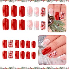 Christmas False Nails, 24PCS Press on Nails Full Cover Glossy Fake Nails Xmas Snowflake Stick on Nails Artificial Finger Manicure Nail Art Supplies for Women Girls Holiday Nail Decoration A8BXHMJ
