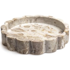 Beige Scalloped Marble Tray - 8 Inch Round Stone Vanity Tray for Perfume & Jewelry, Marble Dish for Bathroom Countertop & Kitchen Counter, Brown Decorative Tray for Bathroom & Kitchen, Modern Catchall