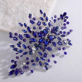 Lenjicons Blue Flower Rhinestone Hair Comb Flower Pearls Rhinestone Bridal Headpiece Royal Blue Crystal Hair Comb for Wedding Elegant Pearls Beads Hairpiece for Wedding Women
