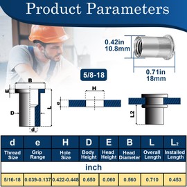 Vifmy 5/16''-18 UNC Rivet Nut, 50Pcs 304 Stainless Steel Flat Head Rivnut Threaded Insert Nutsert