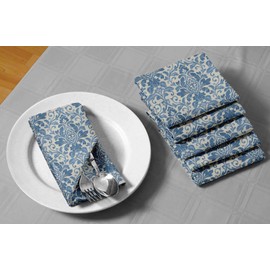 S4Sassy Blue Leaves & Damask Floral Cotton Napkin Printed Everyday Basic Washable Table Linen 18 x 18(Pack of 6)