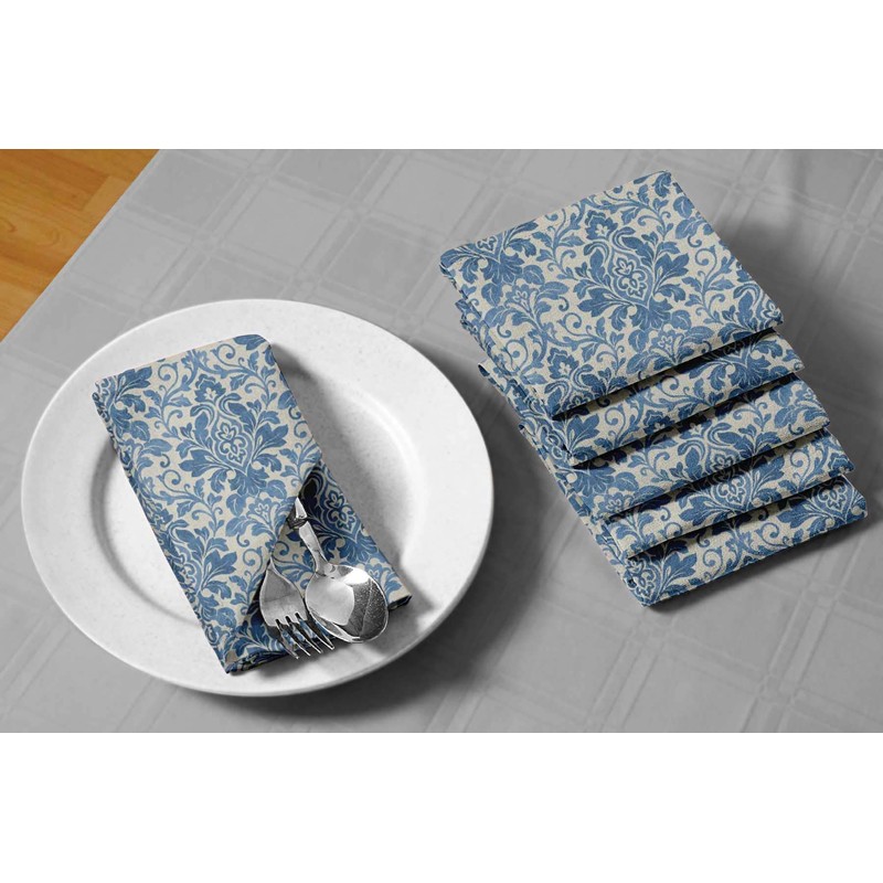 S4Sassy Blue Leaves & Damask Floral Cotton Napkin Printed Everyday