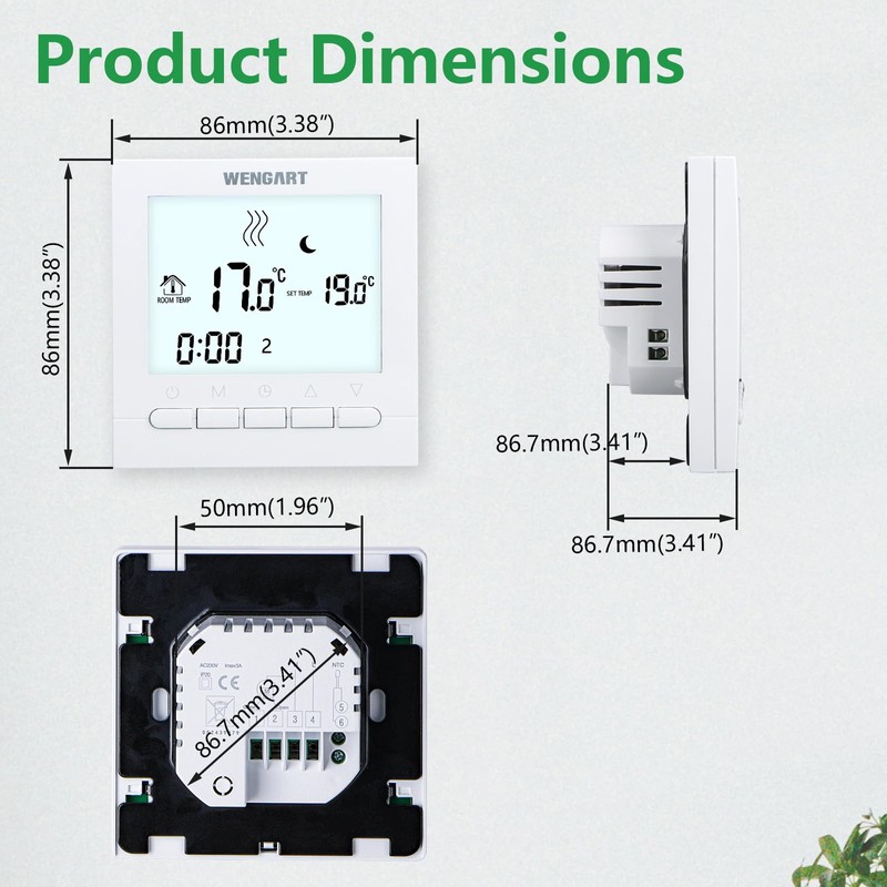 Wengart Heating Thermostat WG02B04,AC230V 3A Large Screen Sisplay,Key Operation,Weekly Programming,