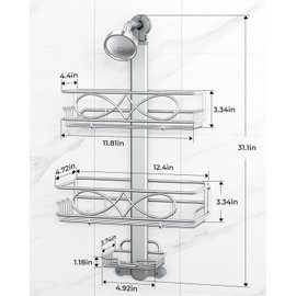 ODesign 2 Tier Stainless Steel Anodized Aluminum,Height-Adjustable Rustproof Shower Caddy Hanging Anti-Swing-Over The Shower Head Caddy-Bathroom Showe r Storage Organizer With Soap Box Holder- Sliver
