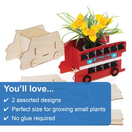 Baker Ross PJ159 Make Your Own Flowerpot Wooden Craft - Pack of 2, London Bus and Taxi Design British Crafts for Kids