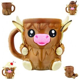 Highland Cow Ice Pint Holder,Ice Cream Cup Holder with Spoon and Handle, Cute Animal Shaped ice Cream Refrigerator, Dessert Cup, Beer Can Holder, Gift for Highland Cow Lovers（Brown）