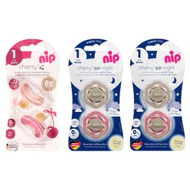 NIP Cherry & Cherry Night Dummy Set of 6 (2 x Day Bordeaux Purple + 4 x Night Girl Mix) // Size 1 // Natural Latex, 6 Colours