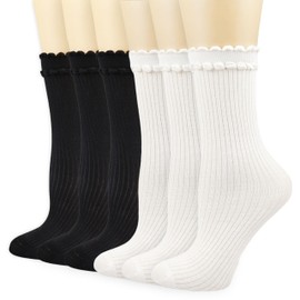 Mcool Mary Women's Crew Socks, Breathable Thin Cotton Cute Scalloped Edges Frilly Ankle Socks for Women 6 Pairs