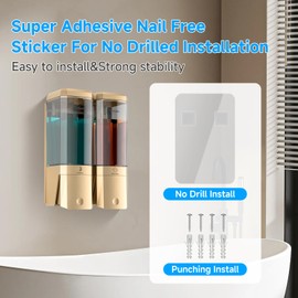 Shampoo and Conditioner Dispenser,Shower Dispenser 2 Chamber No Drill Shampoo Dispenser for Shower Wall Mounted Shower Soap Dispenser for Bathroom Hotel,Large Capacity 2 * 500ML,Gold