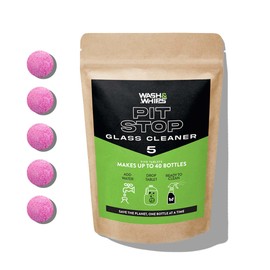 WASH&WHIPS Glass Cleaner Tablets (Makes 5 Gal/20L/40 Bottles) - Streak-Free, Cleans Glasses, Windows, Windshields - Car, Office, Home & Kitchen (5 count, Pink Tablets)