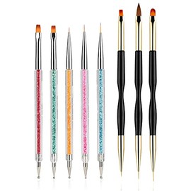 FULINJOY 8PCS Nail Art Brushes, Double-Ended Brush and Dotting Tool Kit, Dual End Nail Art Pen Brush Acrylic Round Flat Painting Drawing Liner Nail Tools