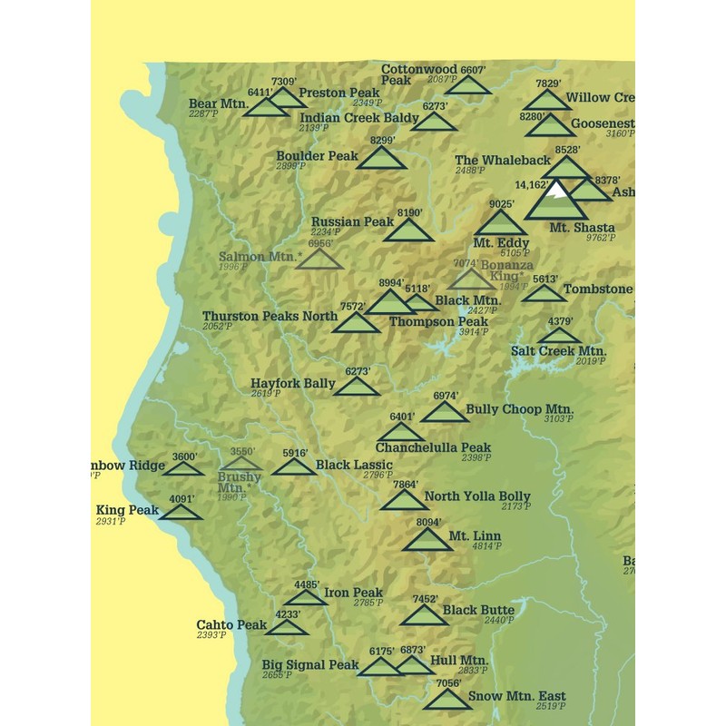 California 2000' Prominence Peaks Map Checklist 18x24 Poster (Green &