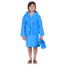 ALLEN & MATE Children's Bathrobe with Hood 100% Terry Cotton Quick-Drying for Children Boys and Girls Dressing Gown with Towel and Pockets, royal