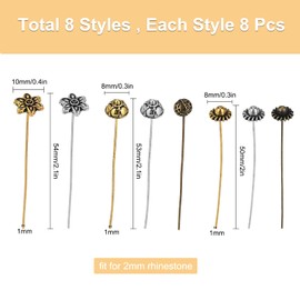 SUNNYCLUE 1 Box 64Pcs 8 Styles 2/2.1inch Flower Head Pins Antique Tibetan Style Ball Head Pins Needles HeadPins Eye pins Head Pin for Jewellery Making Findings UK Women DIY Earrings Crafts Supplies