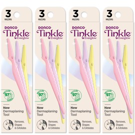 Dorco Tinkle Everglow - Eco-Friendly Dermaplaning Tool, Multipurpose Eyebrow Razor and Face Shaver for Women Thanksgiving Gift, Stocking Stuffer (4 Pack of 3)