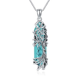 PELOVNY Turquoise Necklace Sterling Silver Oxidation Tree Of Life Wrapped Natural Stones Point Pendant Hexagonal Reiki Spiritual Jewelry Gifts For Women Men