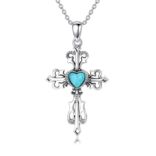 Reaii Natural Turquoise Cross Pendant Necklace for Women 925 Sterling