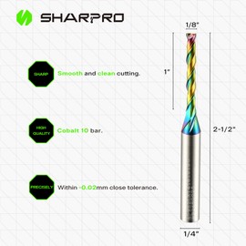 SHARPRO Spiral UpCut Router Bits 1 4 Shank, 1 8 Inch Router Bit 1 4 Shank, Plastic Cutting Router Bit,2 Flute CNC Router Bits,Slot, Mortise，1 Inch CL，2-1/2 Inch OVL(Coating)
