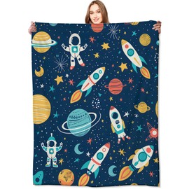VODRM Space Adventure Blanket Cute Fun Rocket, Astronaut, and Planet Throw Blankets,Birthday Gifts for Girls Boys,Lightweight Soft Fleece for Sofa Couch Bed Room Travel Stylish Decor 50x60in
