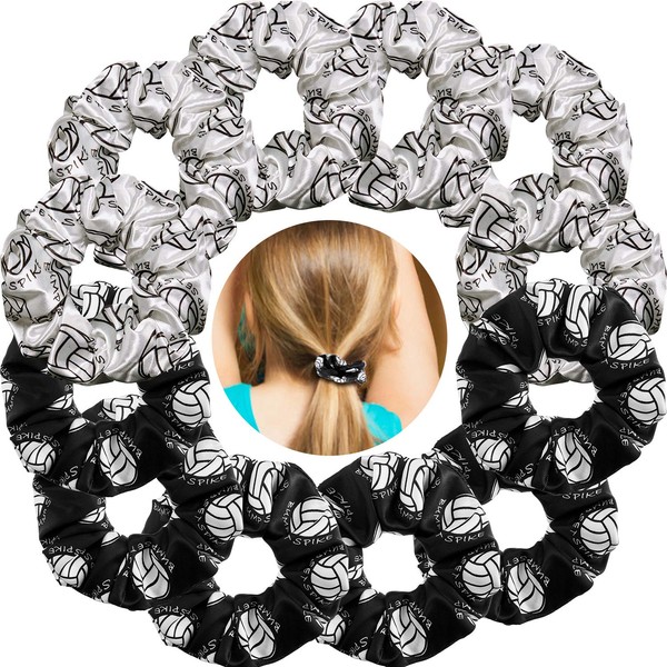 12 Pieces Silk Hair Scrunchies Volleyball Sport Hair Elastic Satin Ties Bands Ponytail Holders for Players Teams Gifts Wristband Decoration Hair Accessories Women Girls (Black, White)