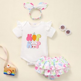 Miyanuby Baby Girl Easter Outfit Bunny Print Short Sleeve Romper Elastic Waist Shorts with Headband 3Pcs Clothes Set White