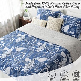 LEMIROE Boho Cotton Comforter King Size - Navy Comforter with White Bohemian Botanical Prints,Grey Reversible Lightweight Bedding Sets 3Pcs(Stripes)