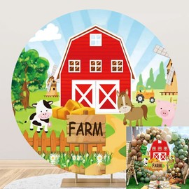 OERJU 6x6ft Cartoon Farm Animals Round Backdrop Farm Red Barn Circle Photography Background Round Backdrop Stand Cover for Kids Children Baby Shower Birthday Party Decorations Photo Booth Props