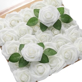 PIQIUQIU Pack of 25 Artificial Flowers Roses Artificial Flowers Rose Heads Fake for Birthday Decoration, Wedding Decoration, Party Decoration (White)
