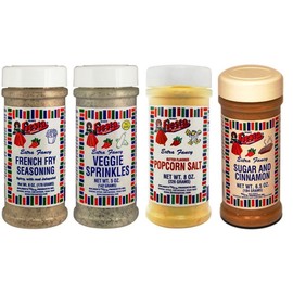 Bolner's Fiesta Snack Seasonings Pack 4 Flavor Variety Bundle, (1) Each: French Fry Seasoning, Veggie Sprinkles, Butter Flavored Popcorn Salt, Sugar and Cinnamon, 5-8 Oz. Ea.
