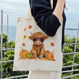 Dlzdn Fall Highland Cow Canvas Tote Bag Aesthetic Thanksgiving Day Pumpkin Reusable Shopping Grocery Bag Beach Bag Birthday Gifts for Women