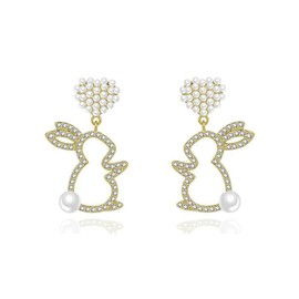 Cute Easter Bunny Rabbit Dangle Earrings for Women Dainty Rhinestone Pearl Flower Heart Stud Earring Spring Holiday Easter Jewelry (Gold)
