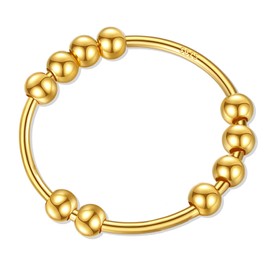 Jacruces Sterling Silver Gold Fidget Ring Anxiety Ring for Women Gold Beads Spinner Ring for Anxiety Spinning Thumb Ring Stress Relieving Ring Women Men Jewelry